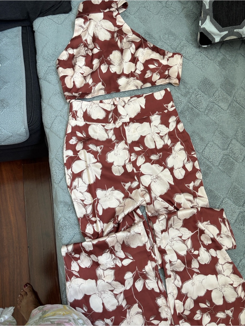 Fashion Nova Rust and Cream Floral One-Shoulder Crop Top & Wide-Leg Pants Set